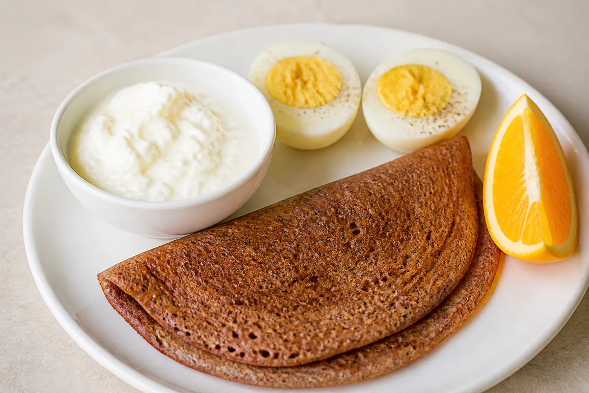 Eggs, curd, ragi dosa, and fruit