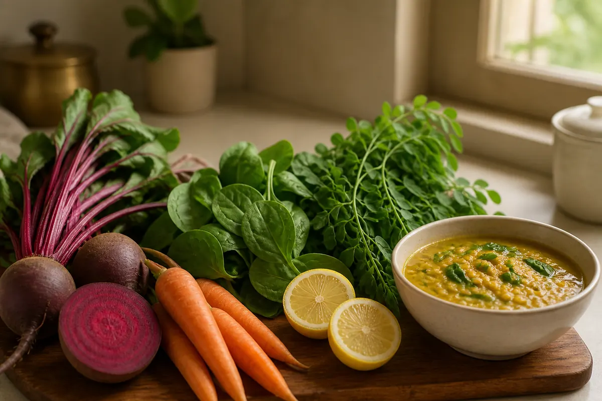 Beetroot, greens, lemon, and dal for healthy blood