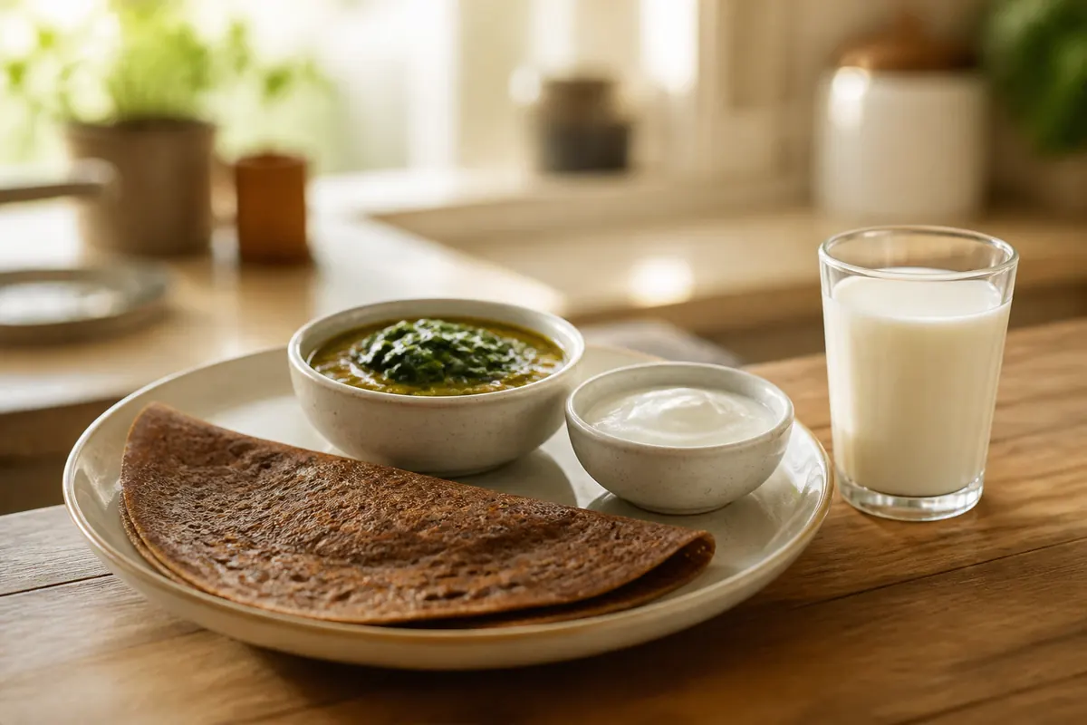 Balanced kitchen plate with grain, greens, and protein foods