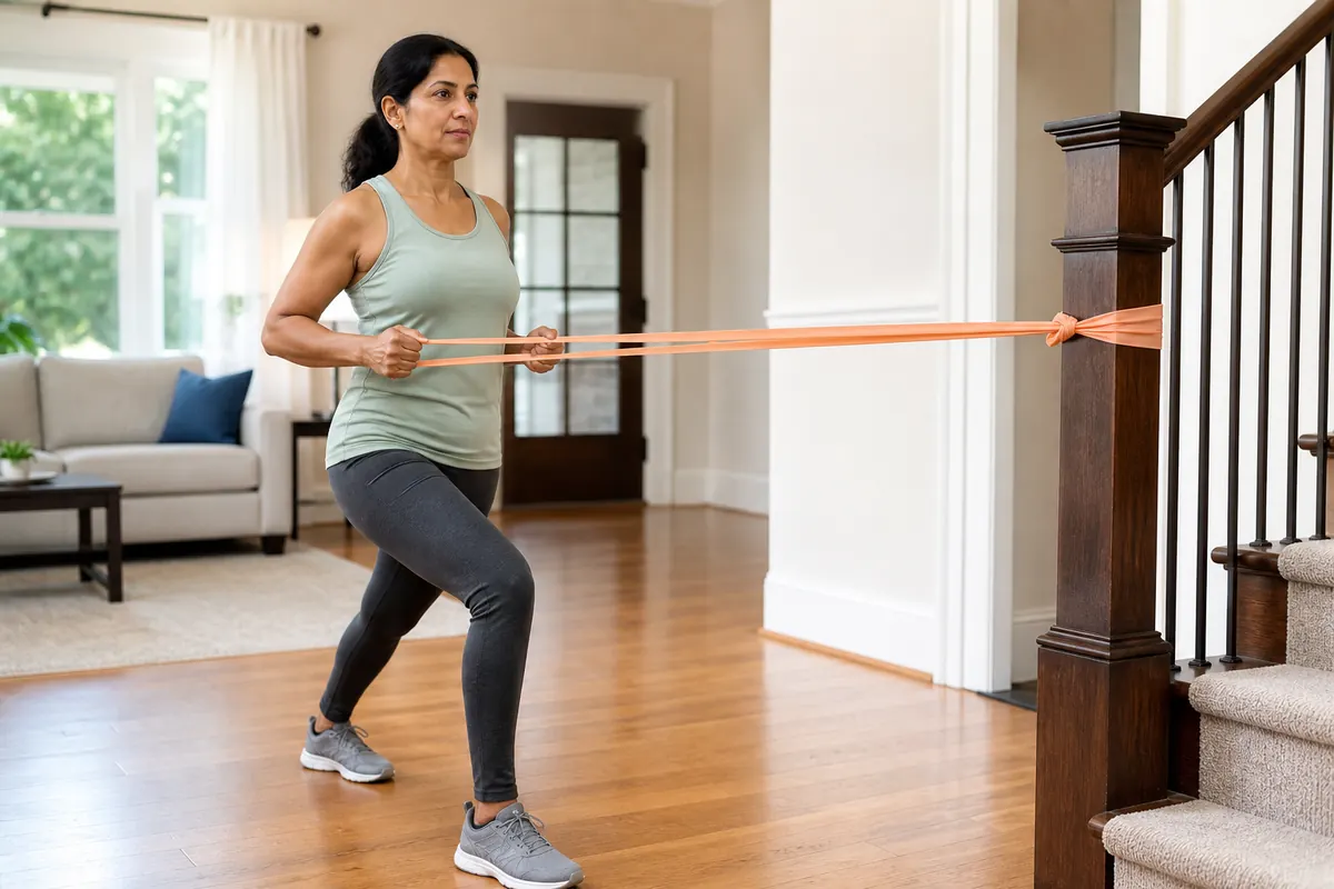 Standing band row in a staggered stance