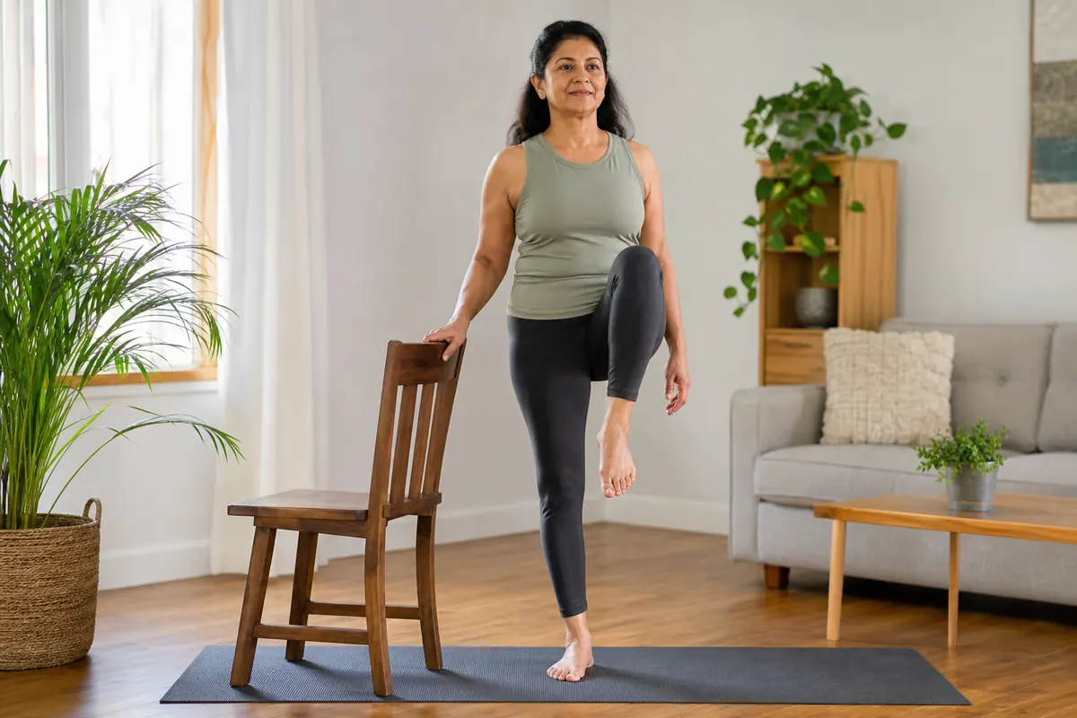 Standing knee lift holding a chair