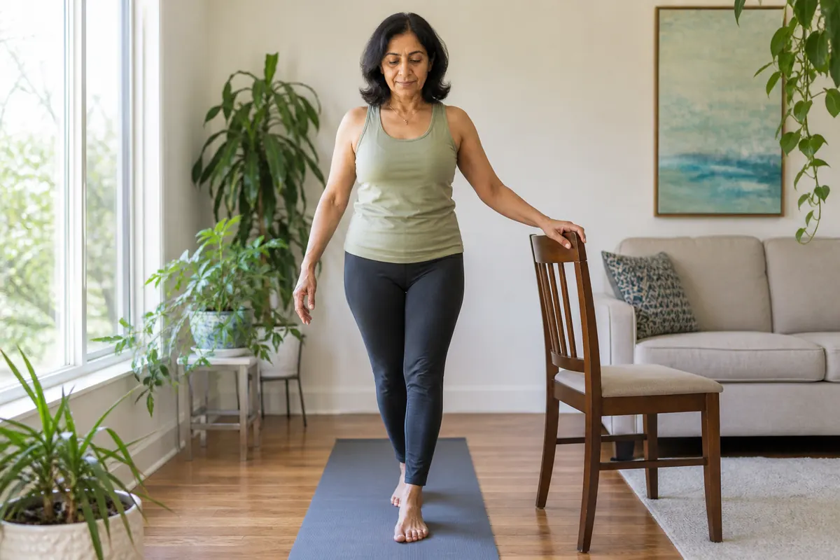 Heel-to-toe walk with a chair nearby
