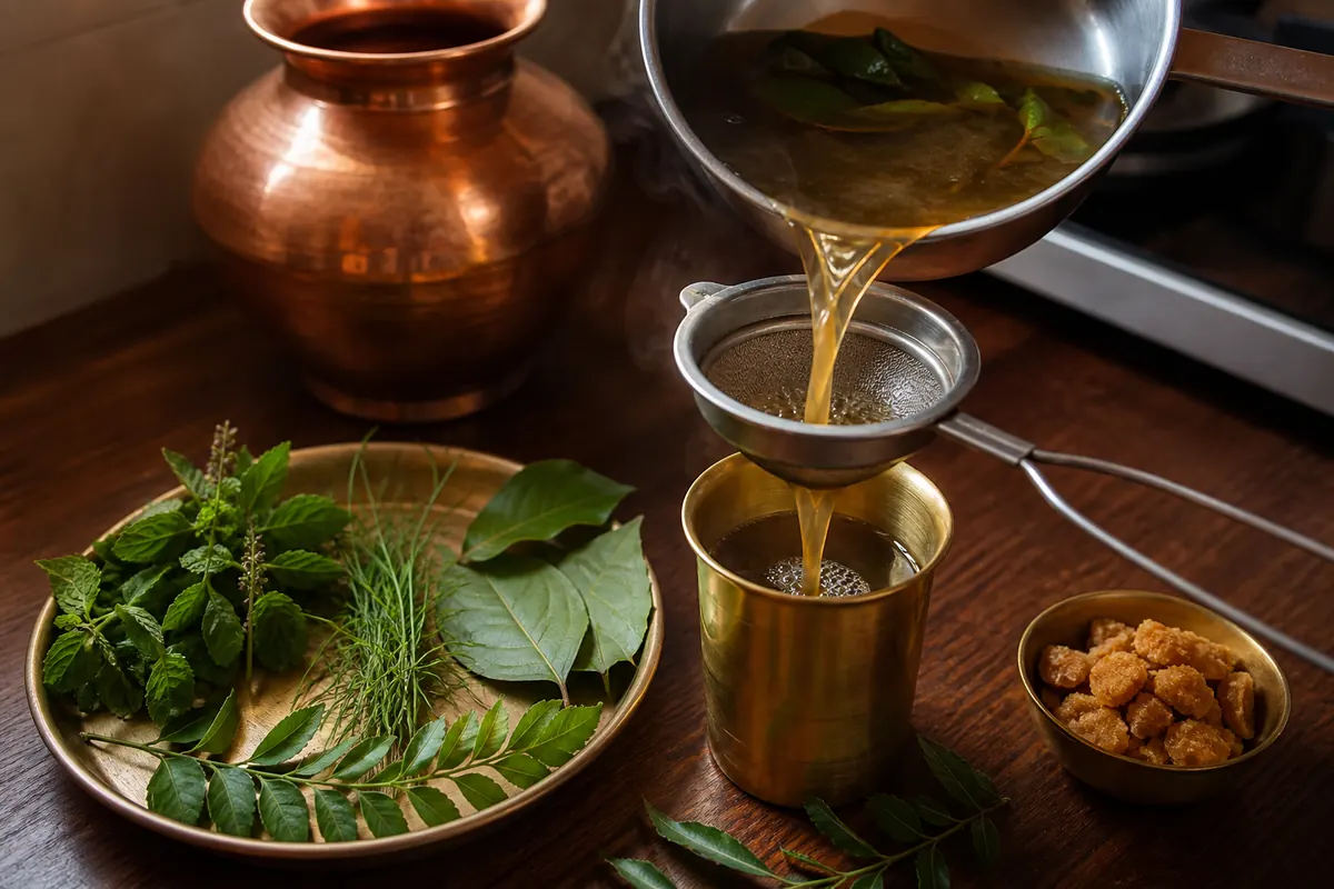 Kitchen decoction poured into a brass tumbler