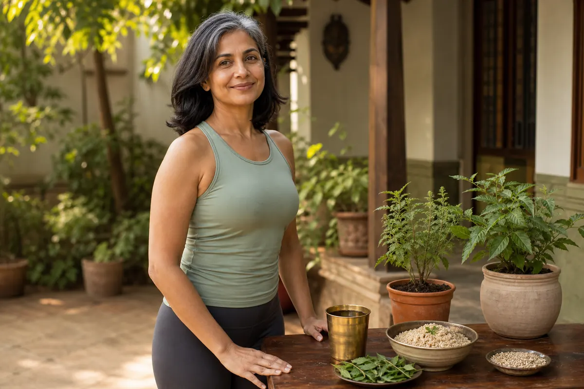 Millet plate, herbal tea, garden plants, and a tall standing posture