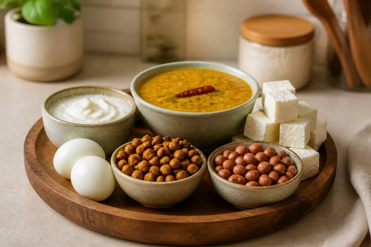 Eggs, dal, paneer, curd, and nuts