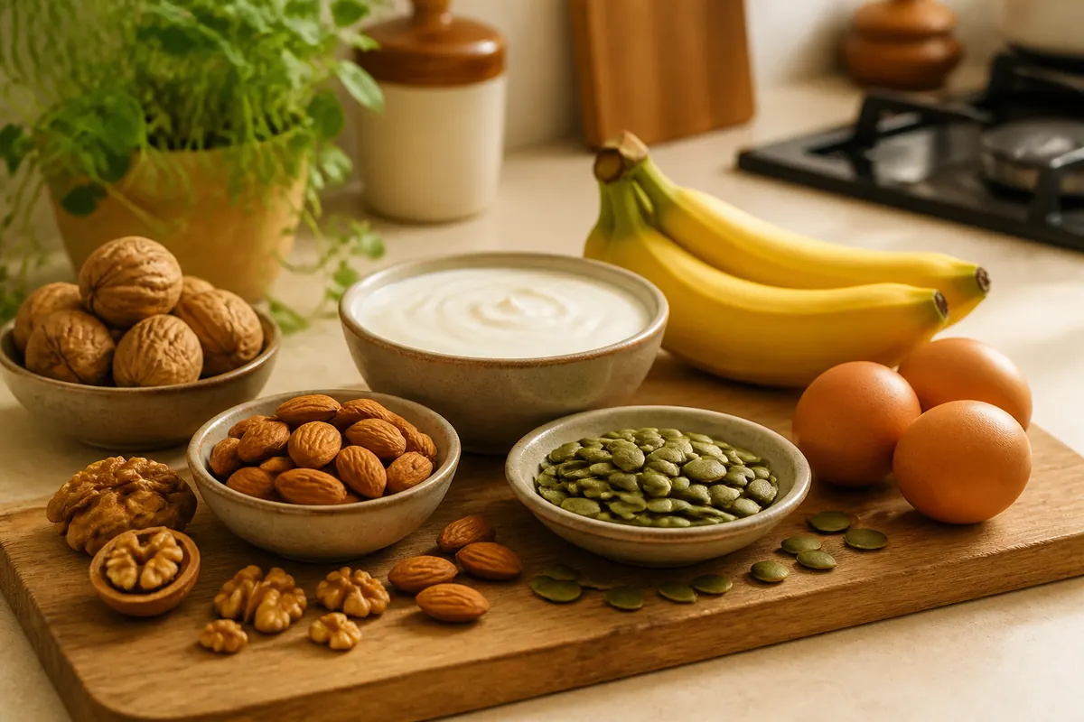 Nuts, seeds, banana, eggs, and curd