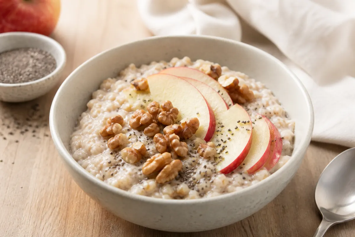 Oats with fruit, chia, and walnuts