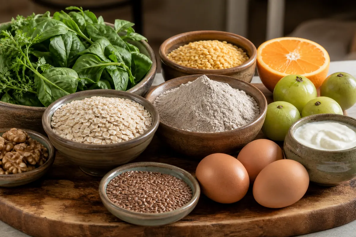 Oats, ragi, greens, dal, nuts, eggs, curd, and citrus
