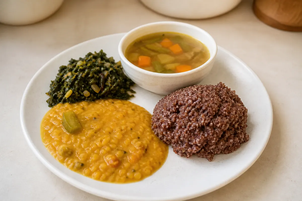 Millet, dal, greens, and vegetable soup