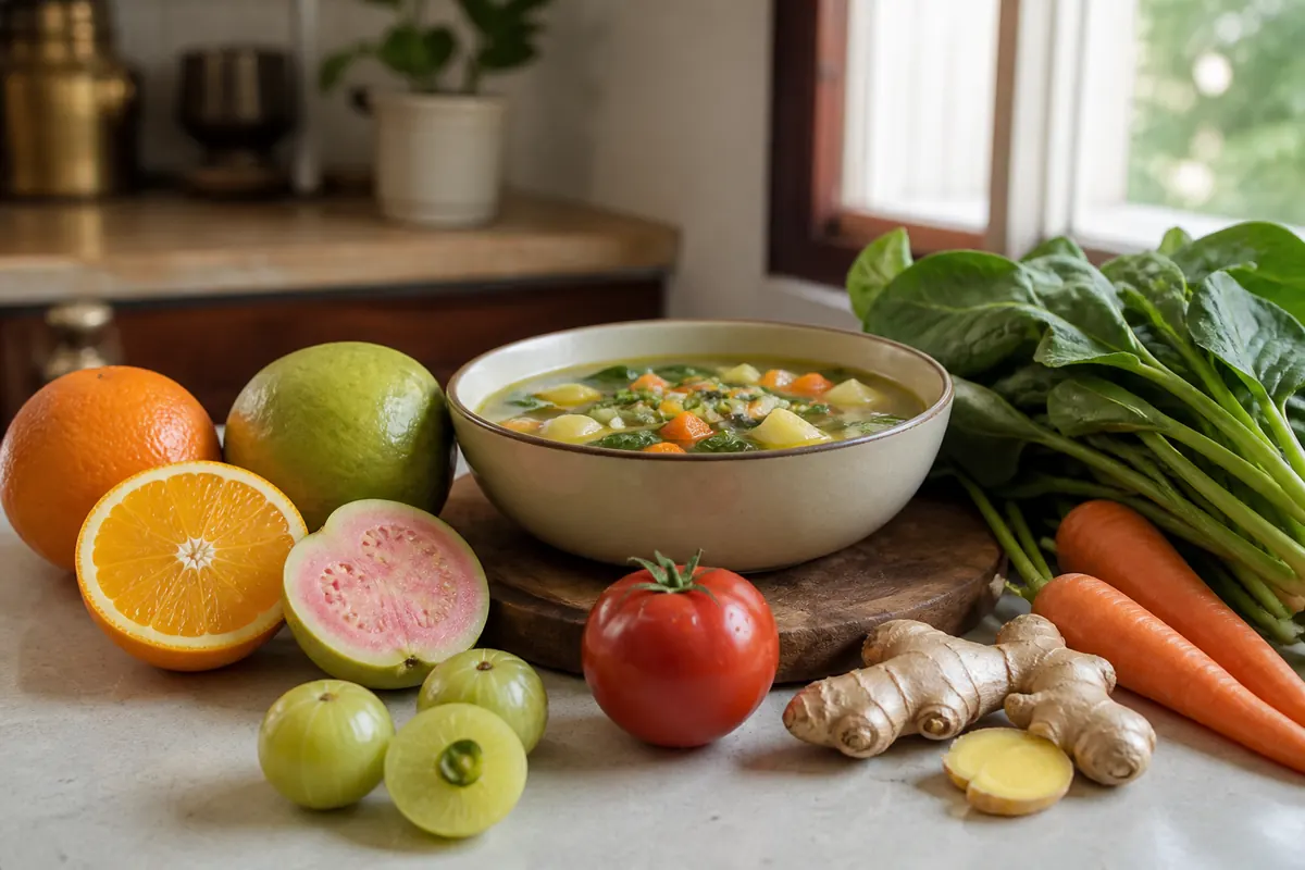 Citrus fruit, amla, greens, and ginger soup