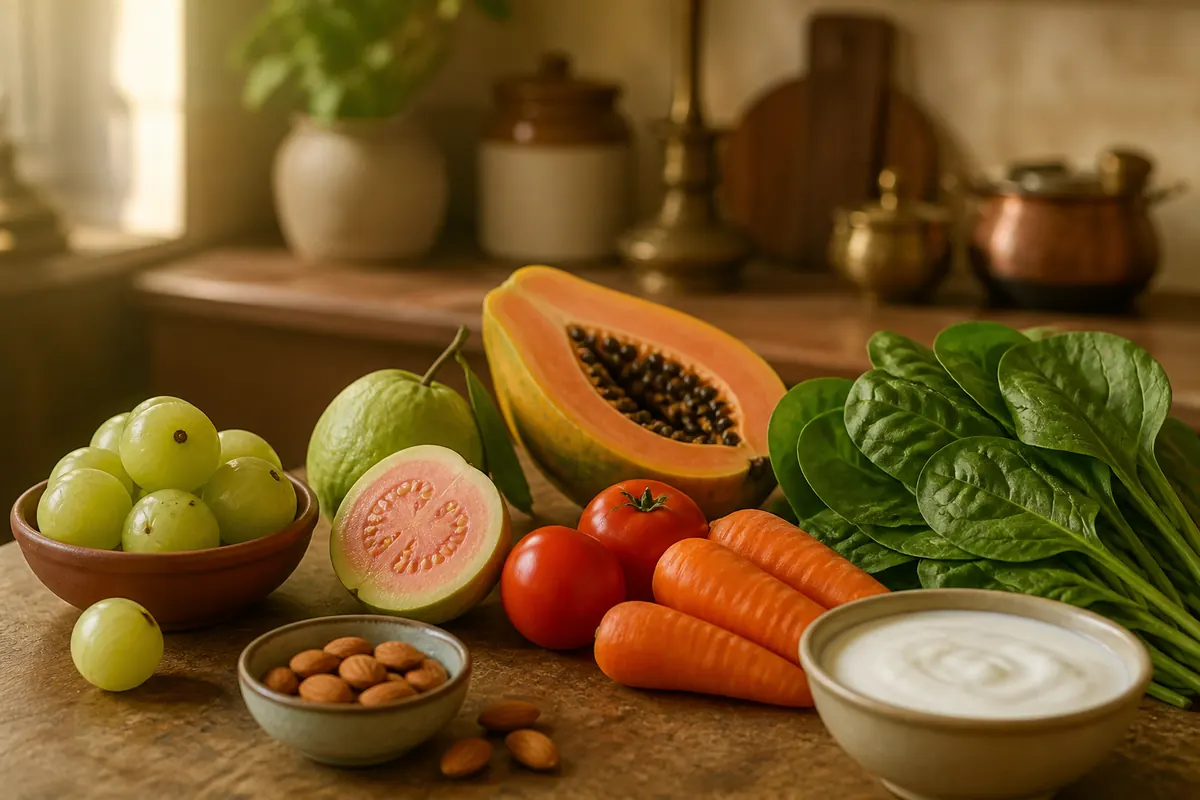 Amla, guava, papaya, greens, nuts, and curd