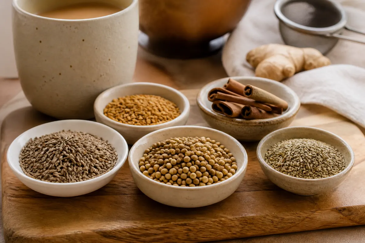 Cumin, coriander, cinnamon, fenugreek, ajwain