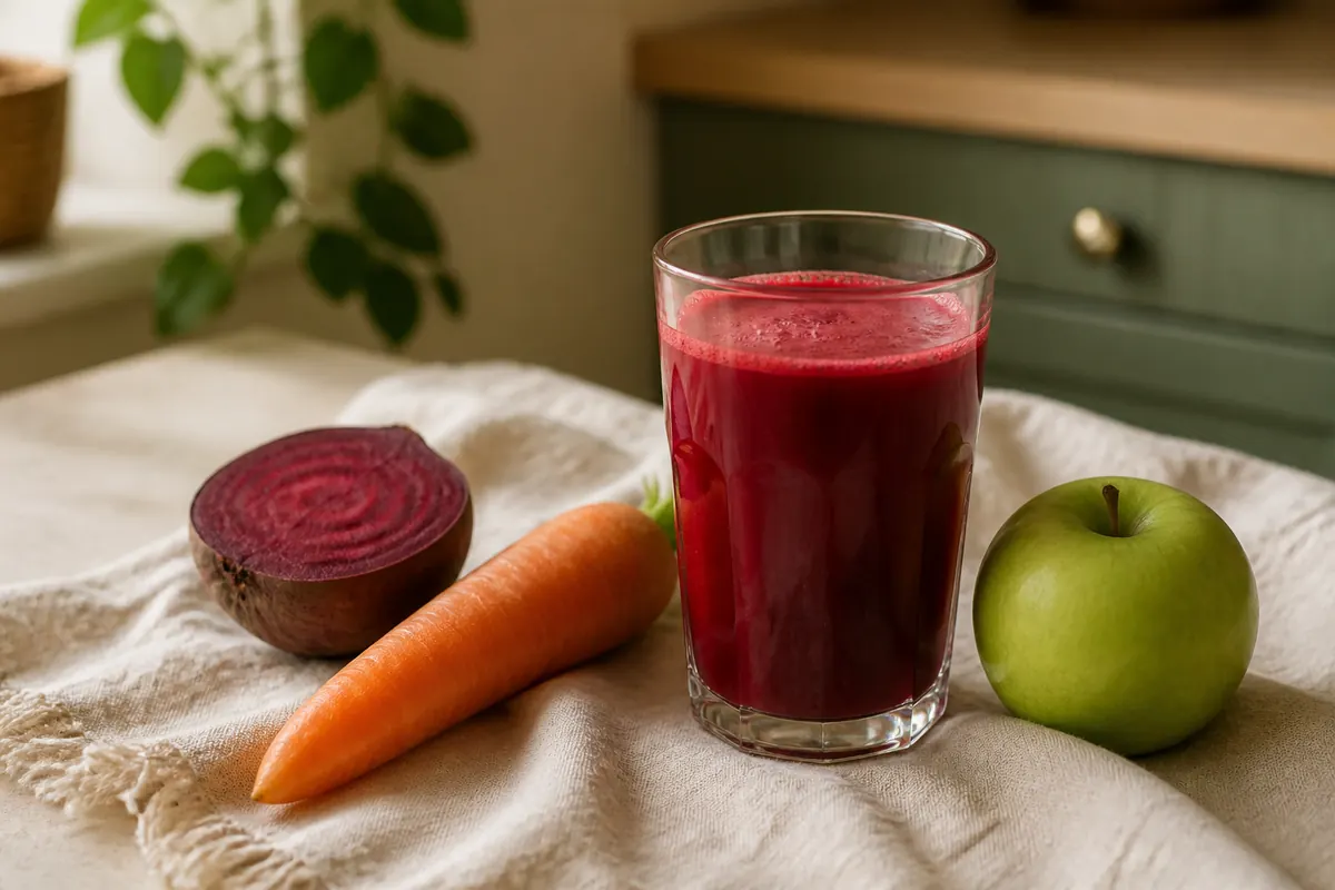 Sweet bottled-style juice glass beside produce — a common rushed drink habit